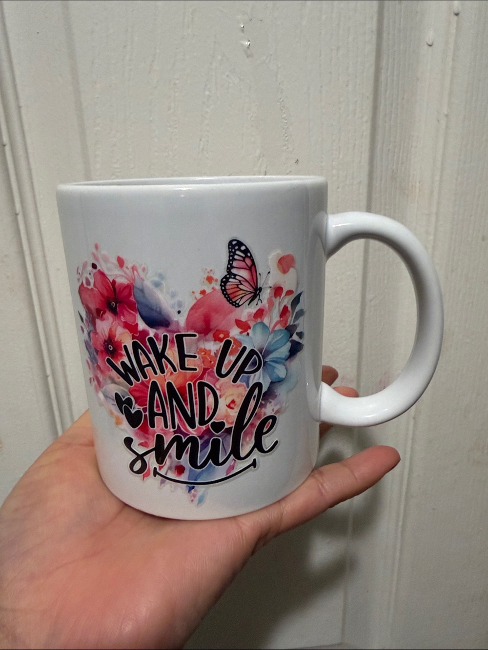 Ceramic 'Wake Up and Smile' Floral Mug in White with Pink Accents